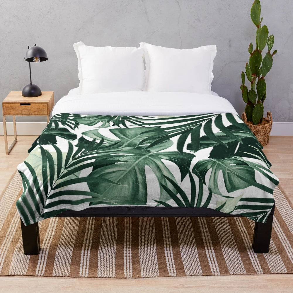 Tropical leaves plush blanket with botanical art design