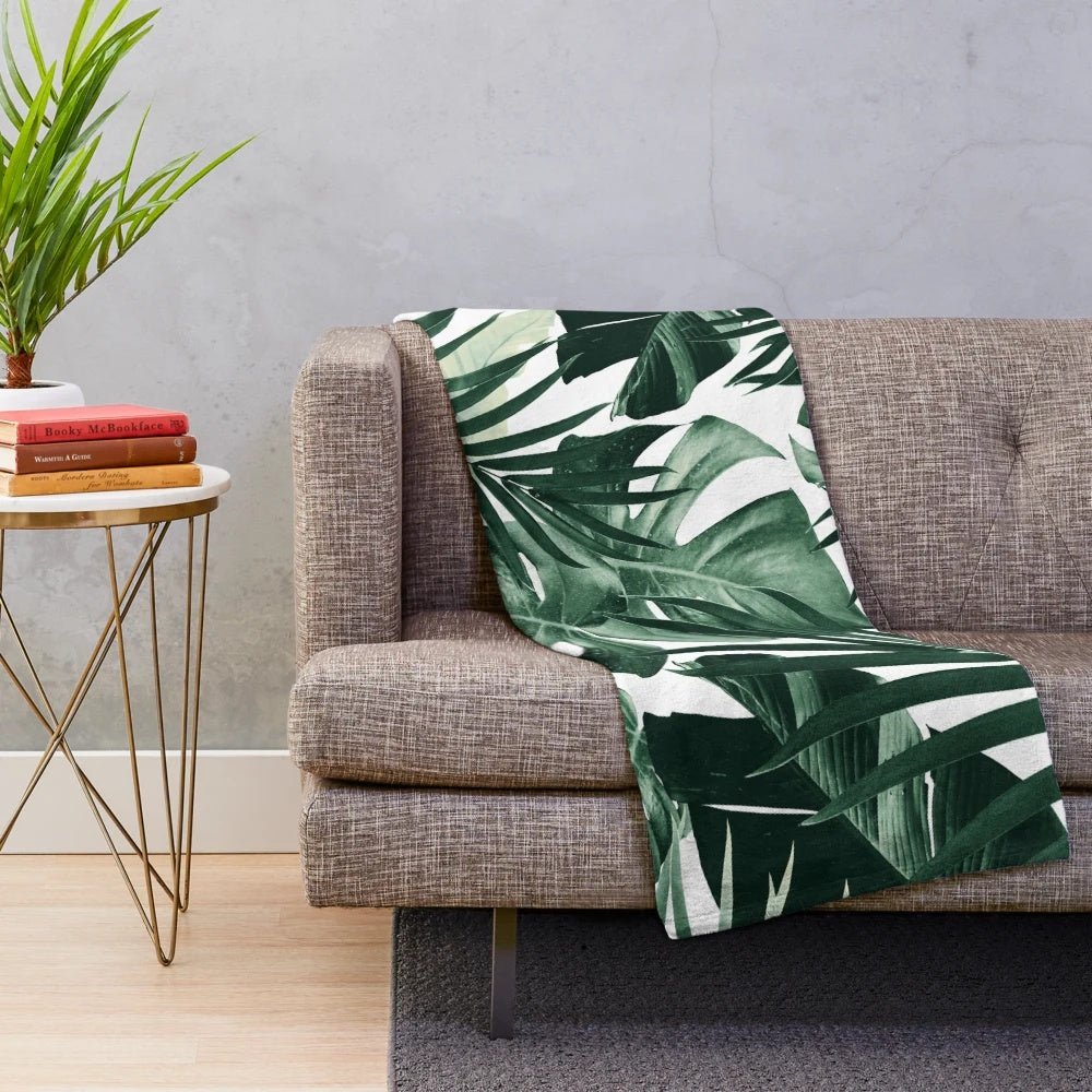 Tropical leaves plush blanket with botanical art design