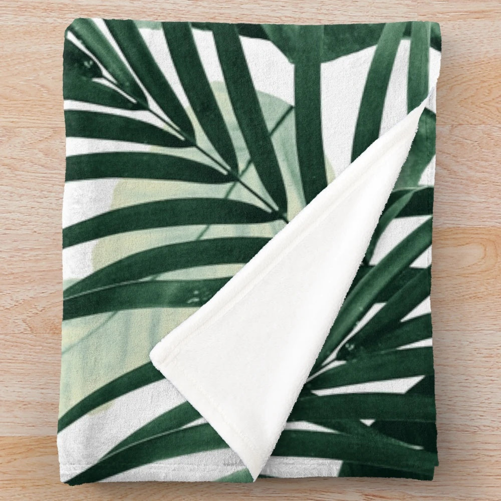 Tropical leaves plush blanket with botanical art design
