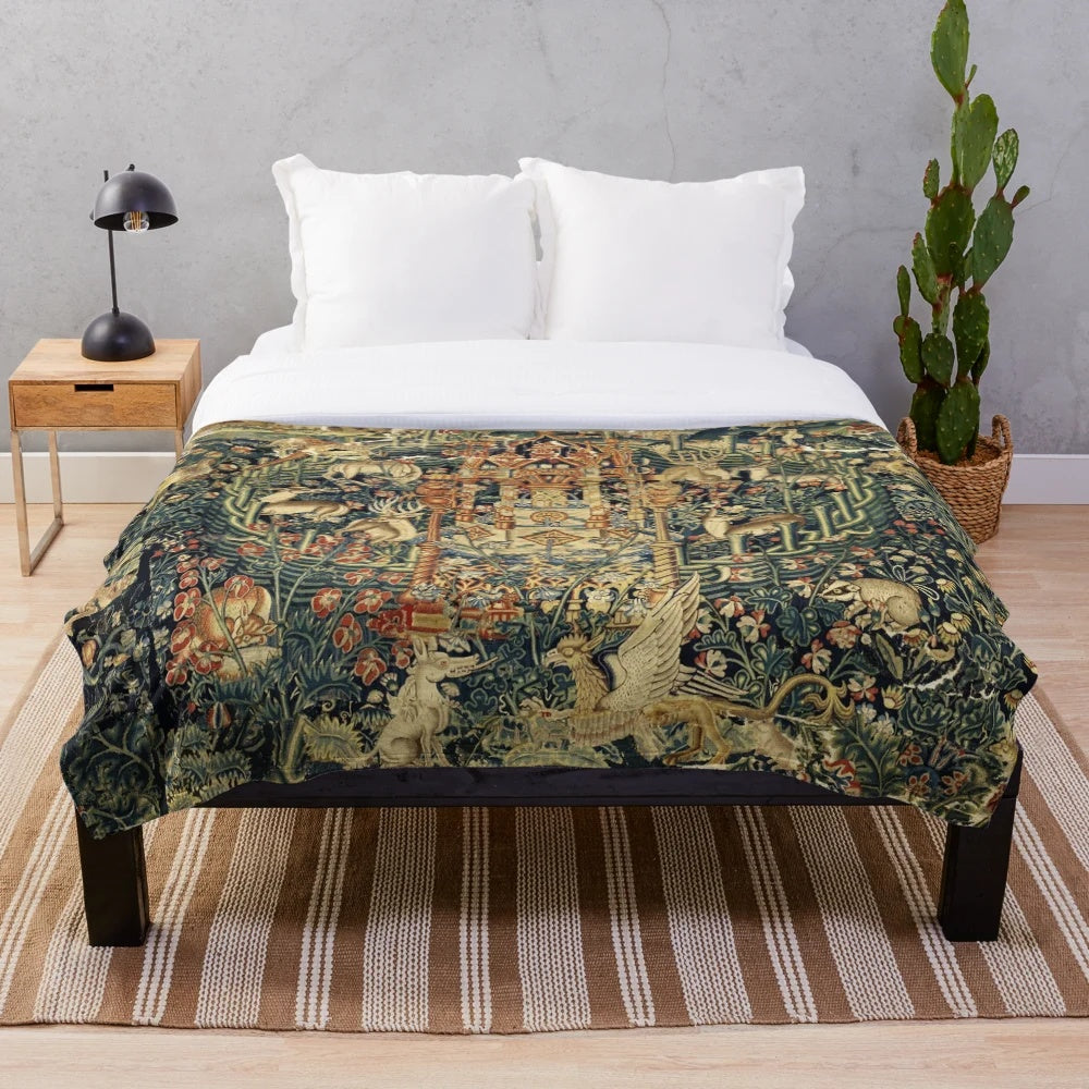 Verdure with Forest Animals Medieval Floral Plush Blanket