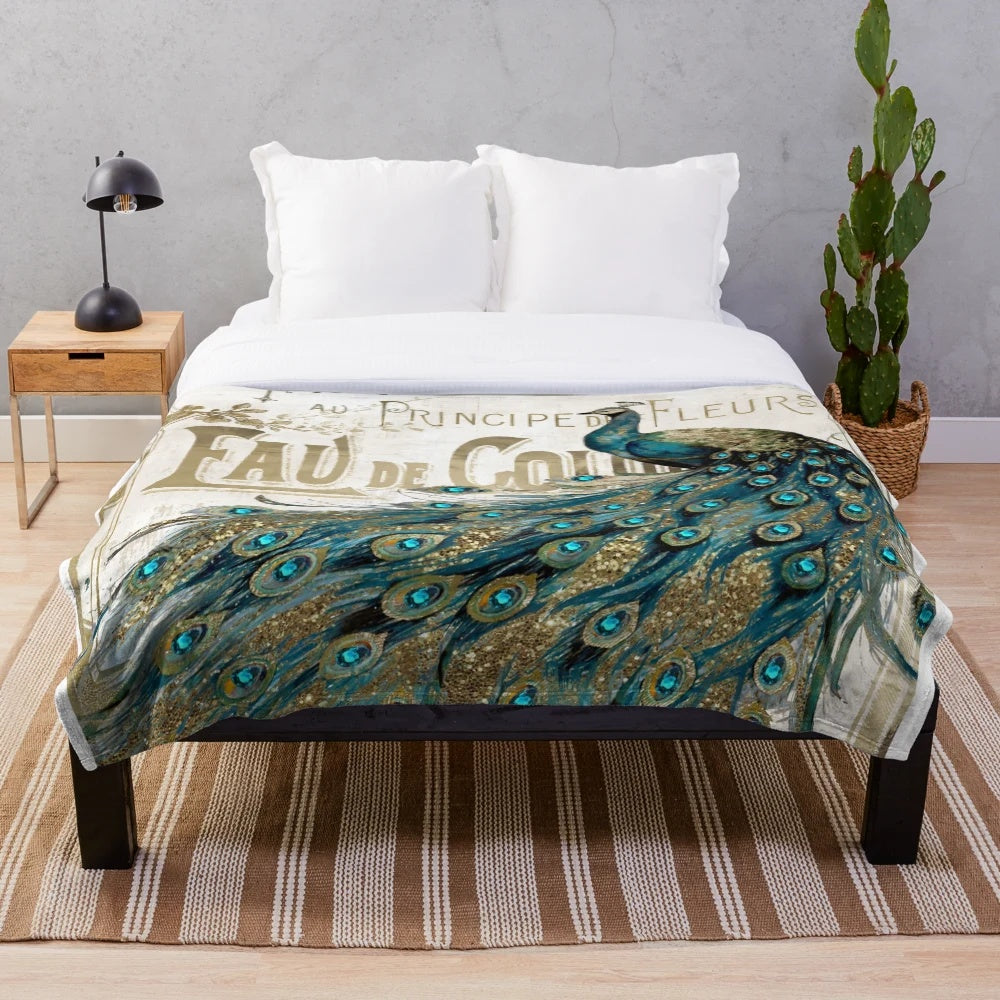 Peacock Jewels Plush Blanket in Teal and Gold Vintage Inspired Design