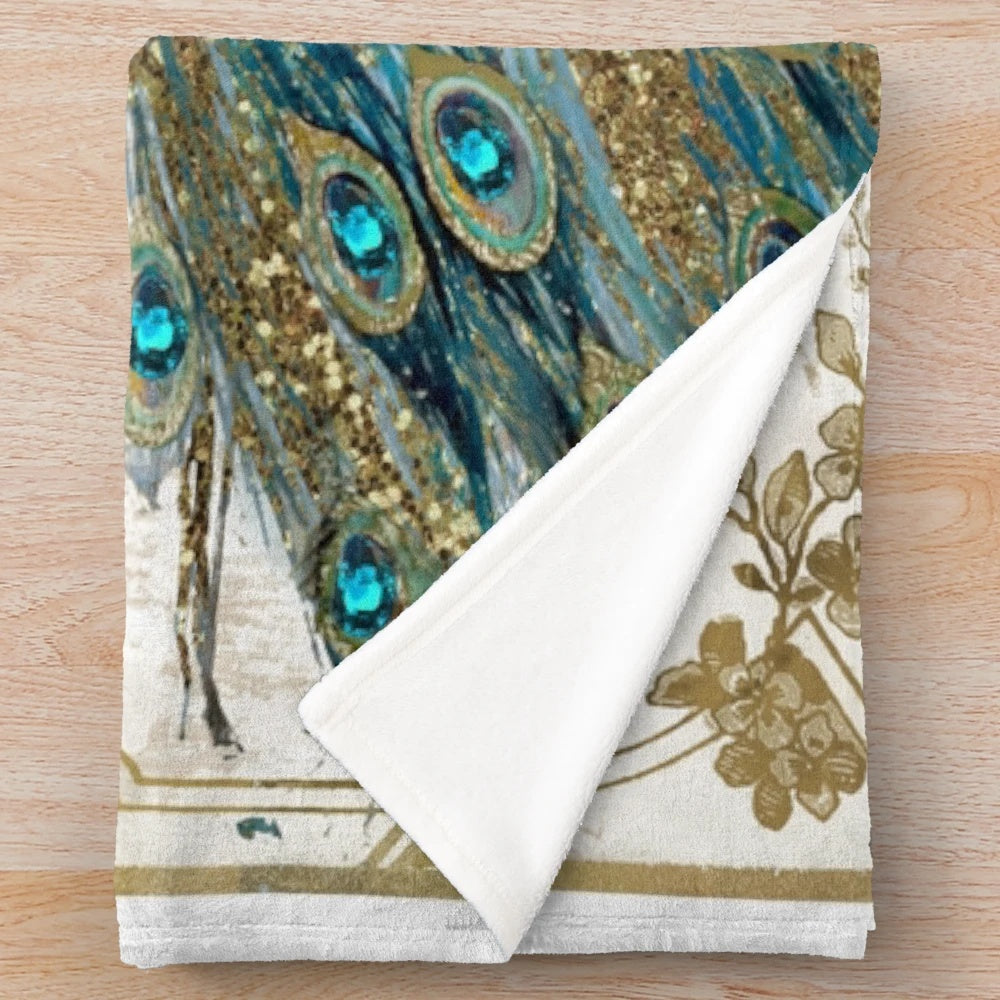 Peacock Jewels Plush Blanket in Teal and Gold Vintage Inspired Design