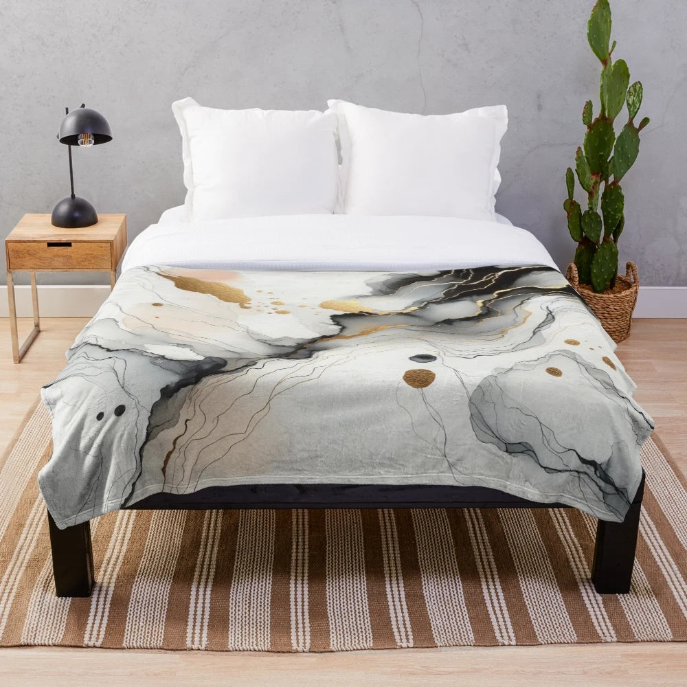 Ethereal Cartography Plush Blanket with abstract art, flowing lines, and gold accents