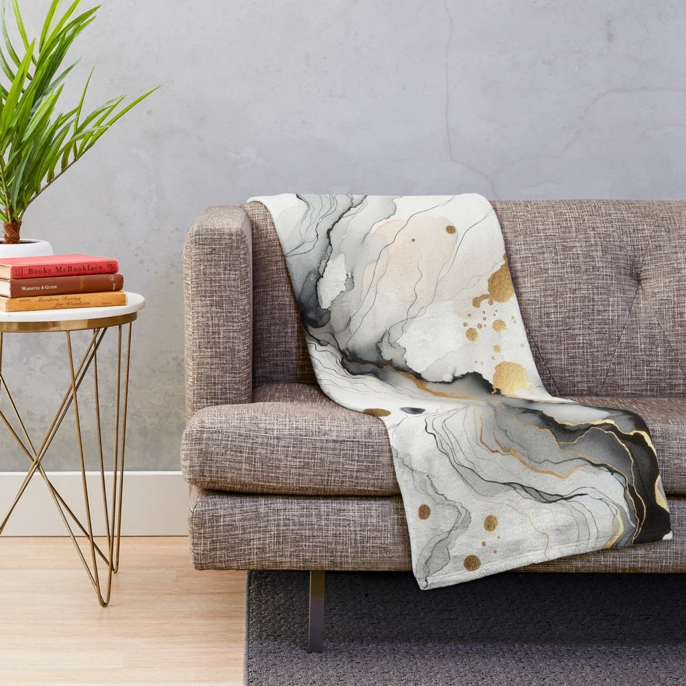 Ethereal Cartography Plush Blanket with abstract art, flowing lines, and gold accents