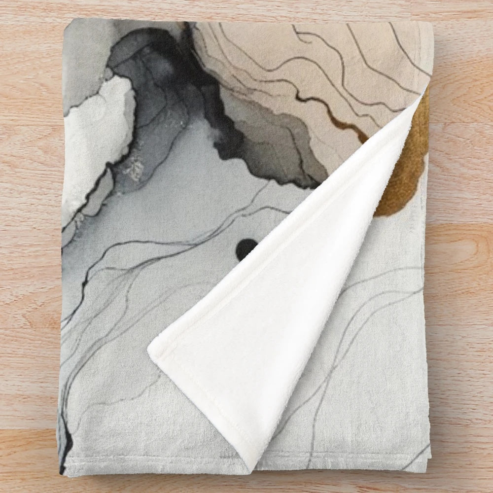 Ethereal Cartography Plush Blanket with abstract art, flowing lines, and gold accents