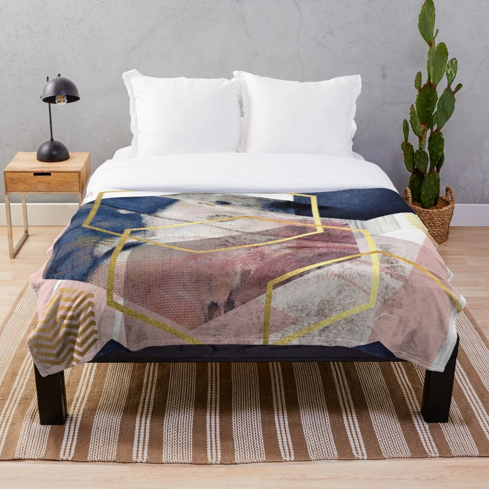 Soft and Plush Abstract Geometric Patterned Blanket in Blush Pink and Navy