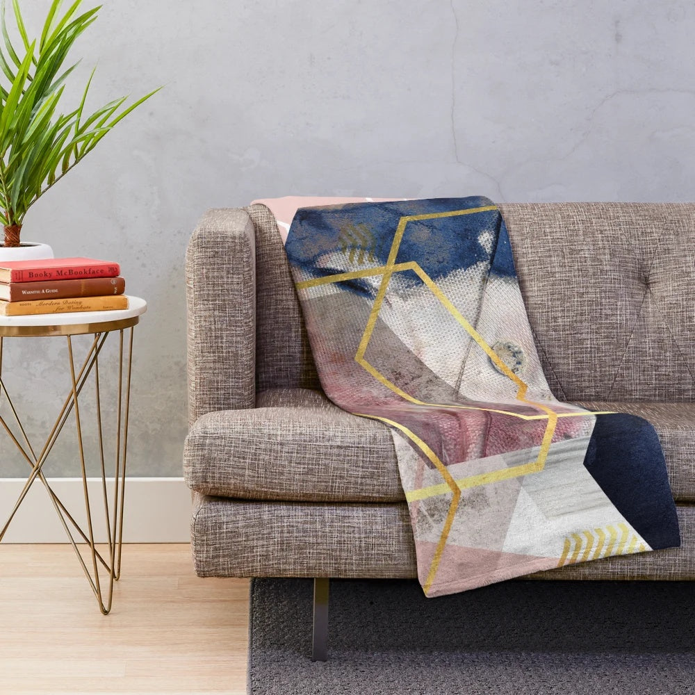 Soft and Plush Abstract Geometric Patterned Blanket in Blush Pink and Navy