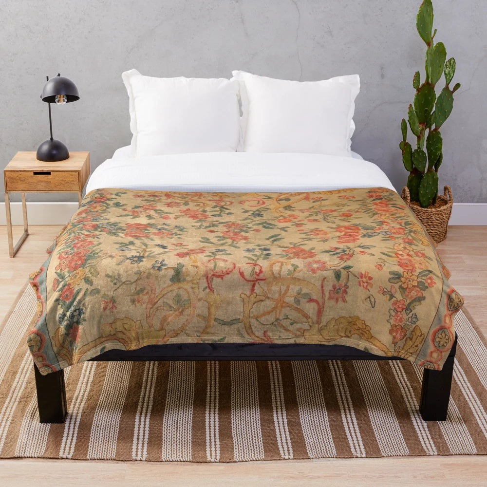 Antique French Savonnerie rug inspired plush blanket with floral design