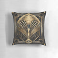 Elegant art deco style pillow with a geometric diamonds and peacock feather pattern in shades of gold.