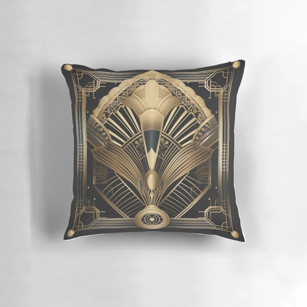 Elegant art deco style pillow with a geometric diamonds and peacock feather pattern in shades of gold.