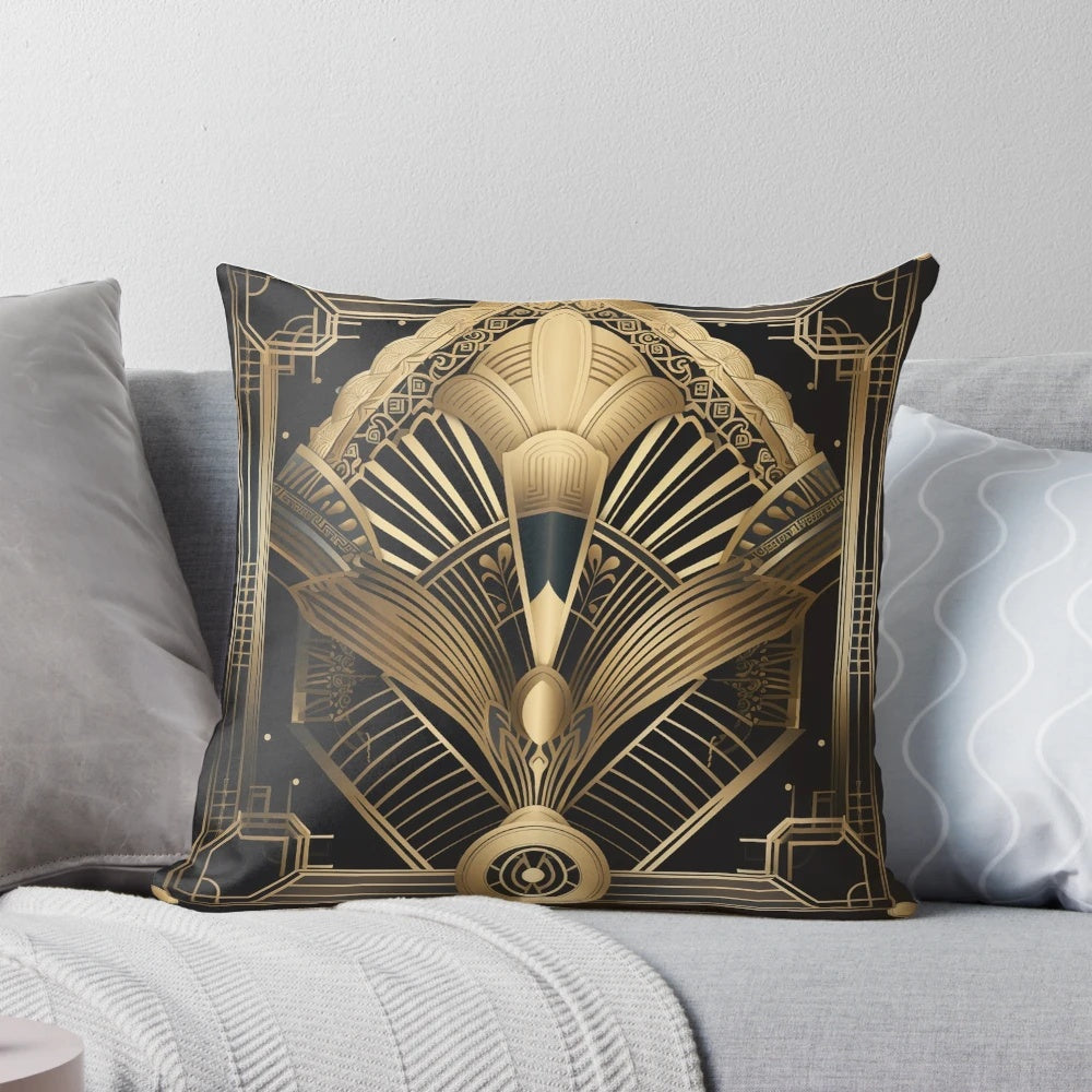Elegant art deco style pillow with a geometric diamonds and peacock feather pattern in shades of gold.