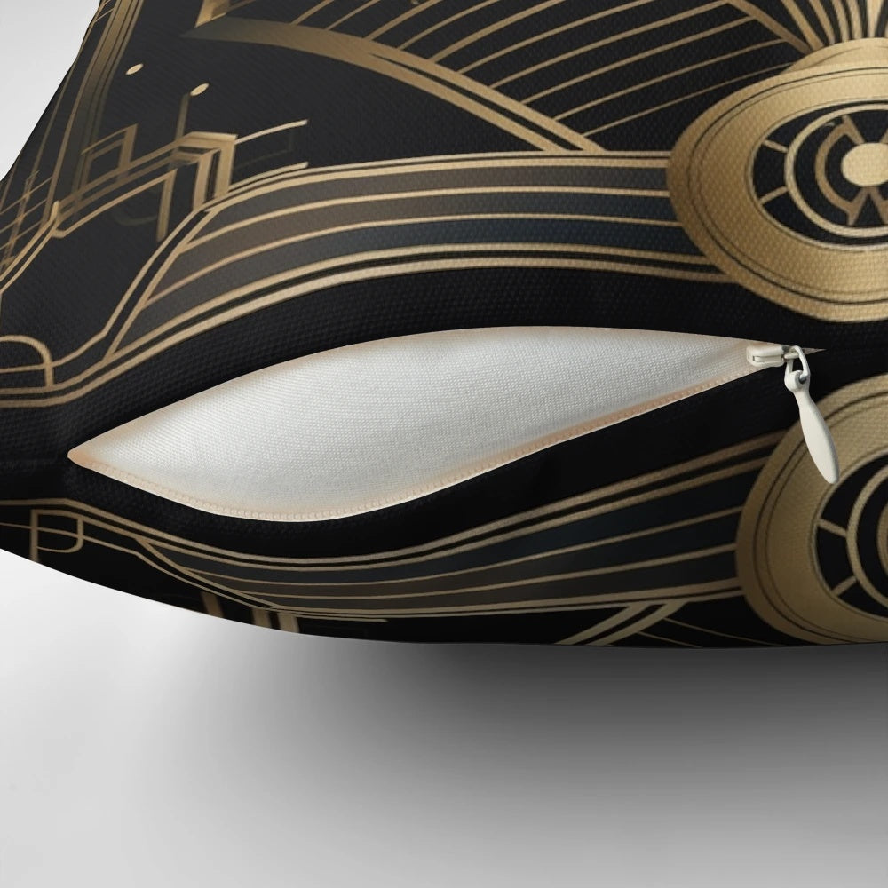 Elegant art deco style pillow with a geometric diamonds and peacock feather pattern in shades of gold.