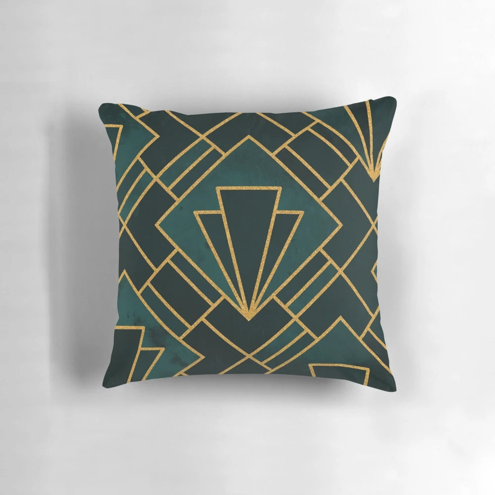 Decorative green stone art deco throw pillow with geometric patterns