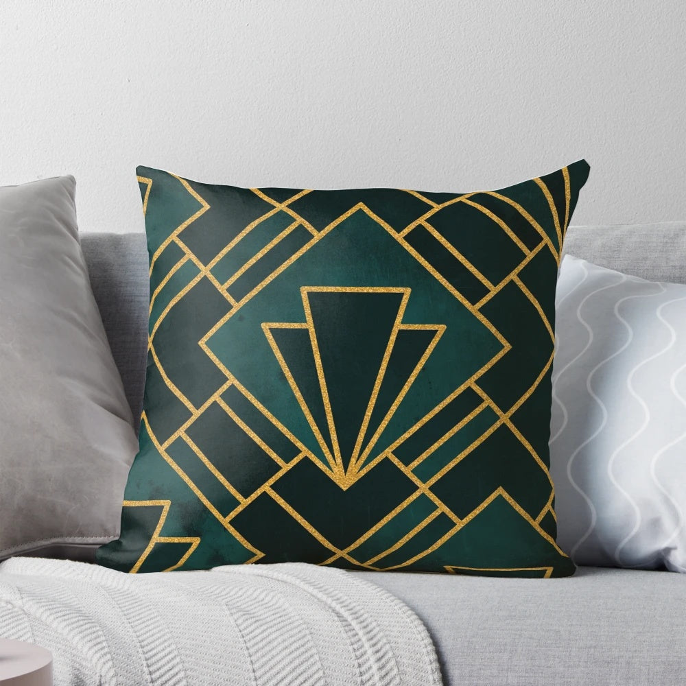 Decorative green stone art deco throw pillow with geometric patterns