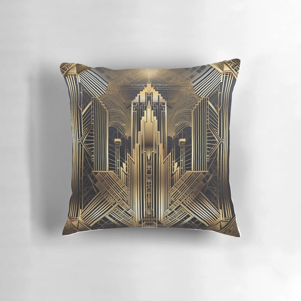 Decorative Art Deco-inspired pillow with a peacock feather and geometric pattern, perfect for adding a touch of 1920s glamour to your home.