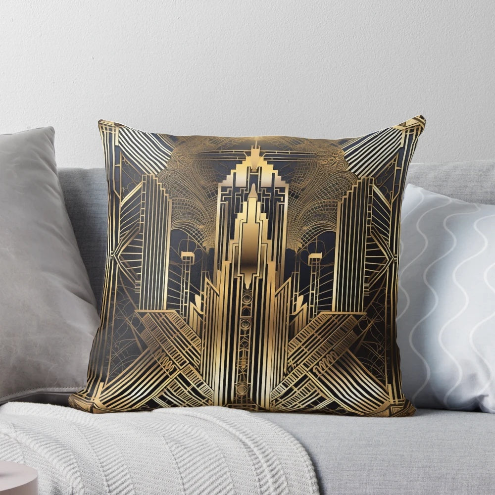 Decorative Art Deco-inspired pillow with a peacock feather and geometric pattern, perfect for adding a touch of 1920s glamour to your home.