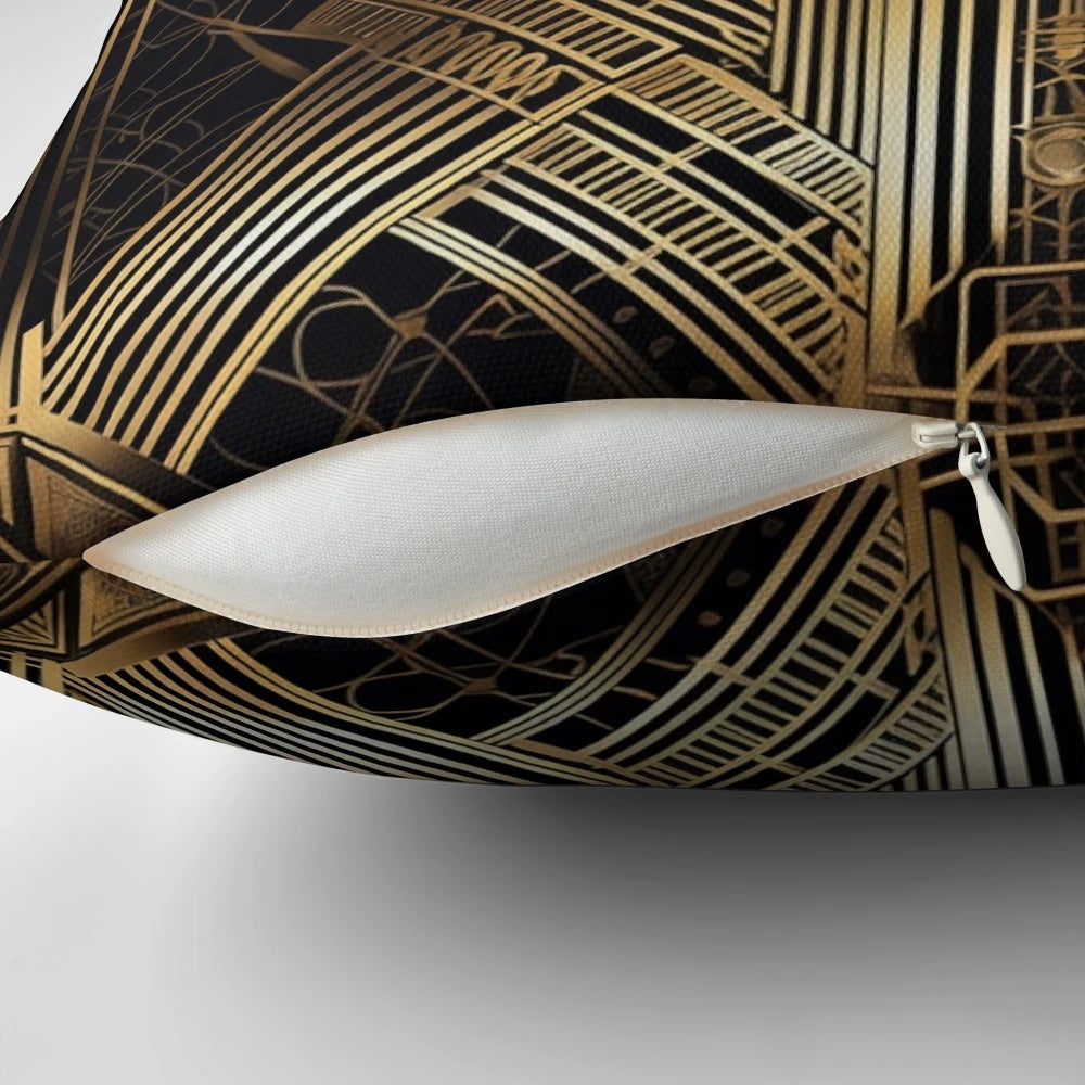 Decorative Art Deco-inspired pillow with a peacock feather and geometric pattern, perfect for adding a touch of 1920s glamour to your home.