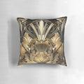 Exquisite art deco-inspired pillow with peacock feather and geometric patterns, perfect for adding glamour to your home.