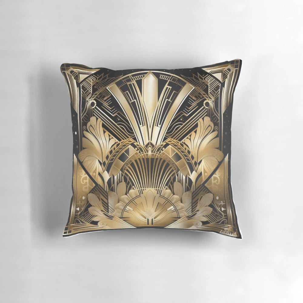 Exquisite art deco-inspired pillow with peacock feather and geometric patterns, perfect for adding glamour to your home.