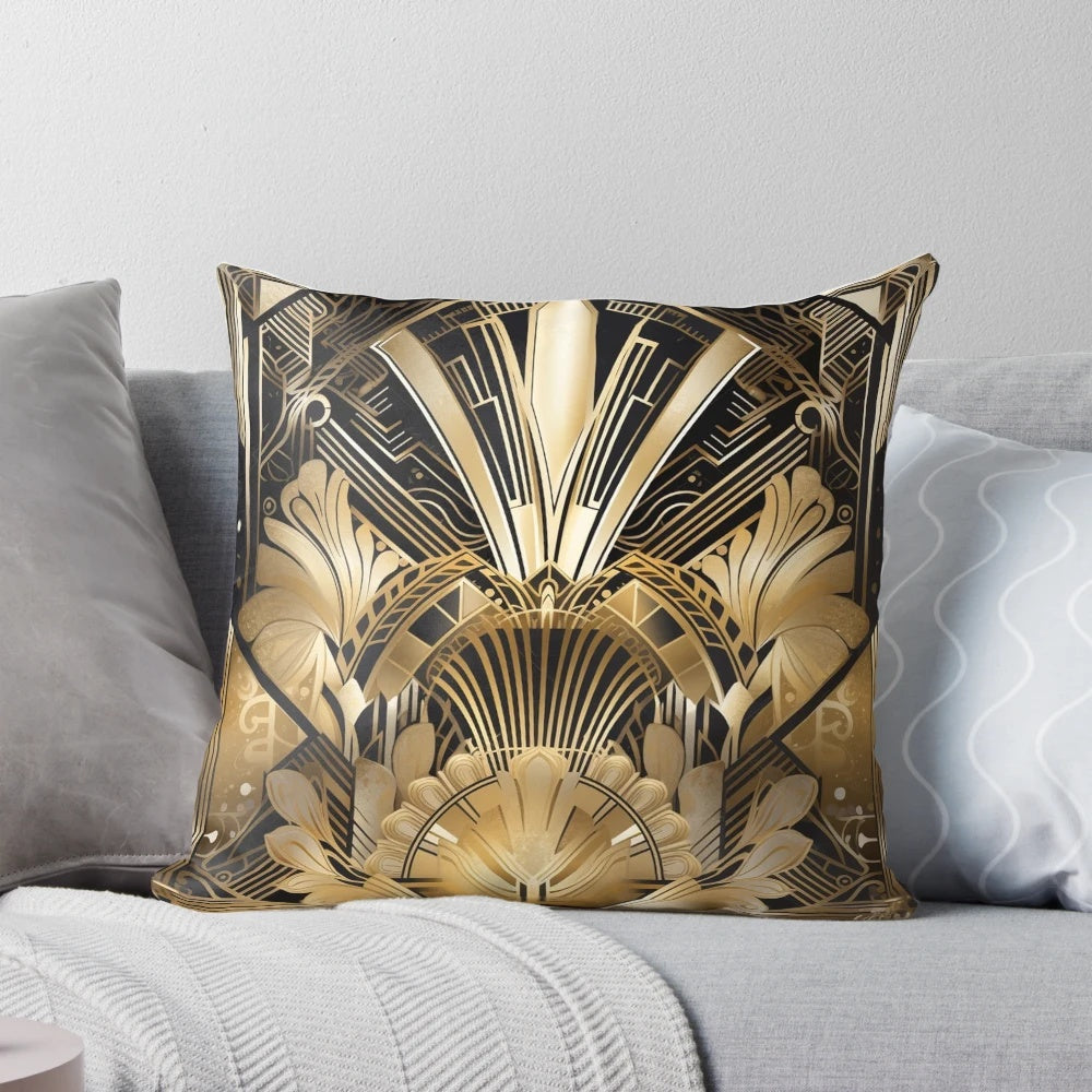Exquisite art deco-inspired pillow with peacock feather and geometric patterns, perfect for adding glamour to your home.