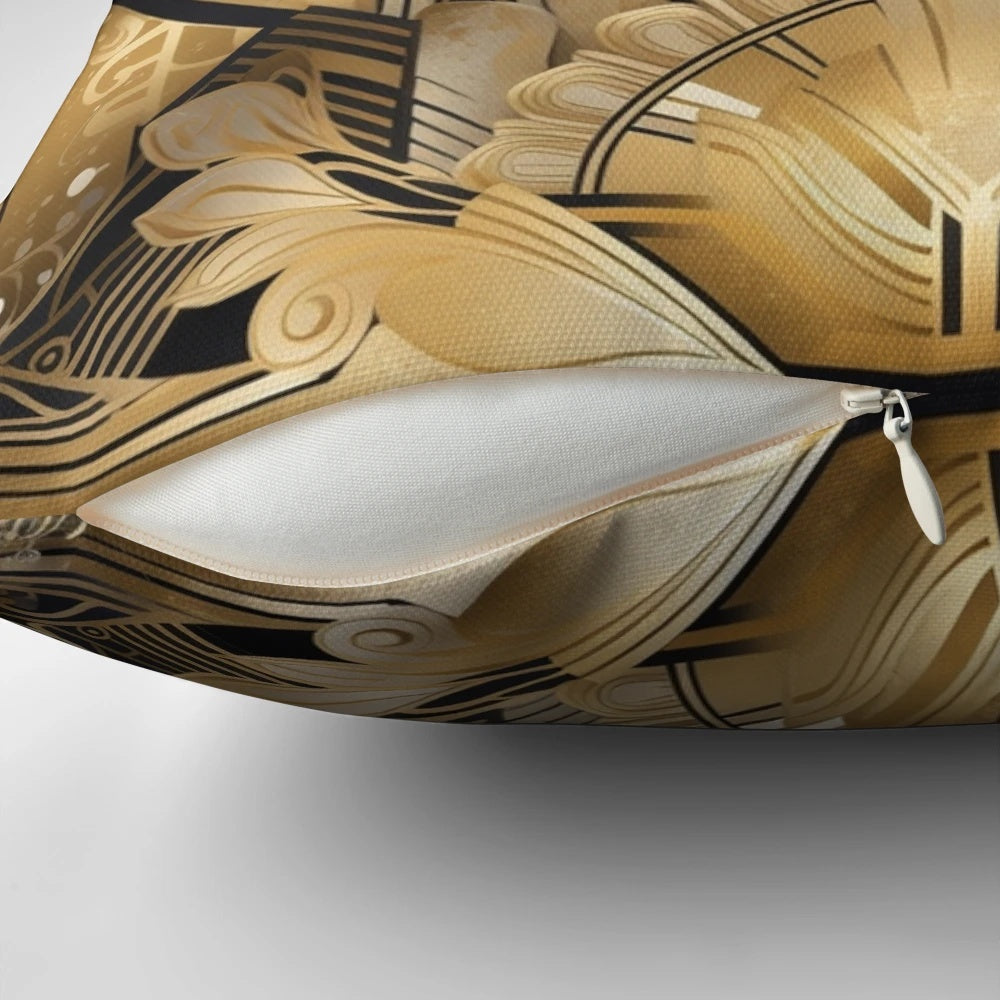 Exquisite art deco-inspired pillow with peacock feather and geometric patterns, perfect for adding glamour to your home.