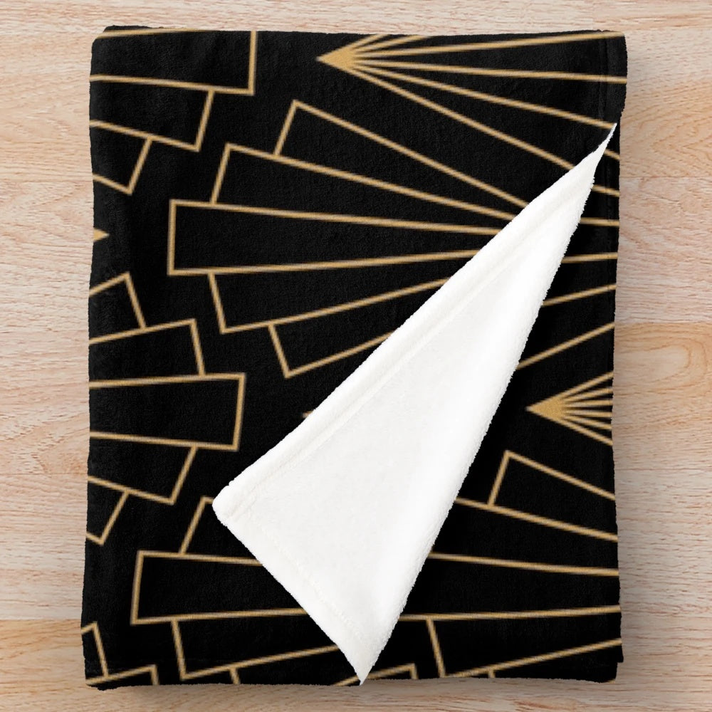 Soft and cozy art deco patterned plush blanket in black and gold