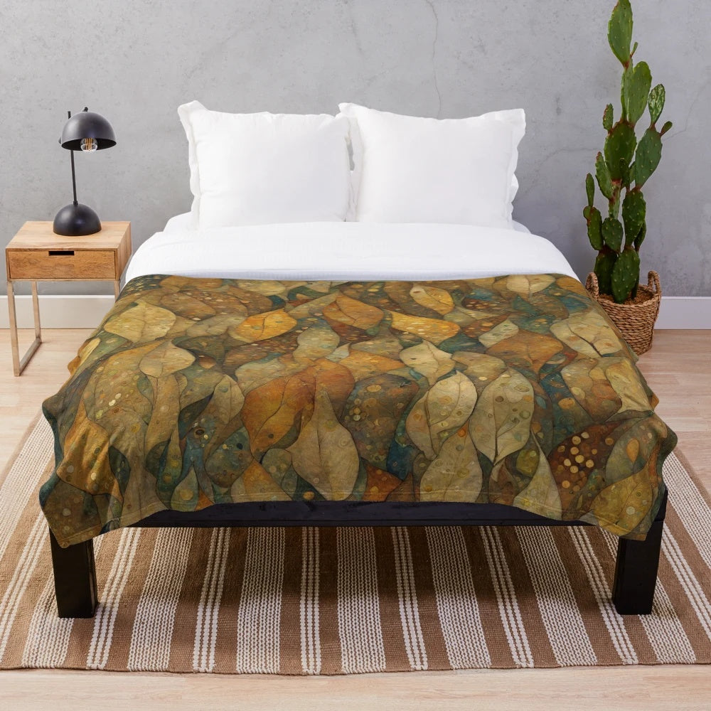 Detailed art nouveau style floral and leaf pattern on a plush blanket