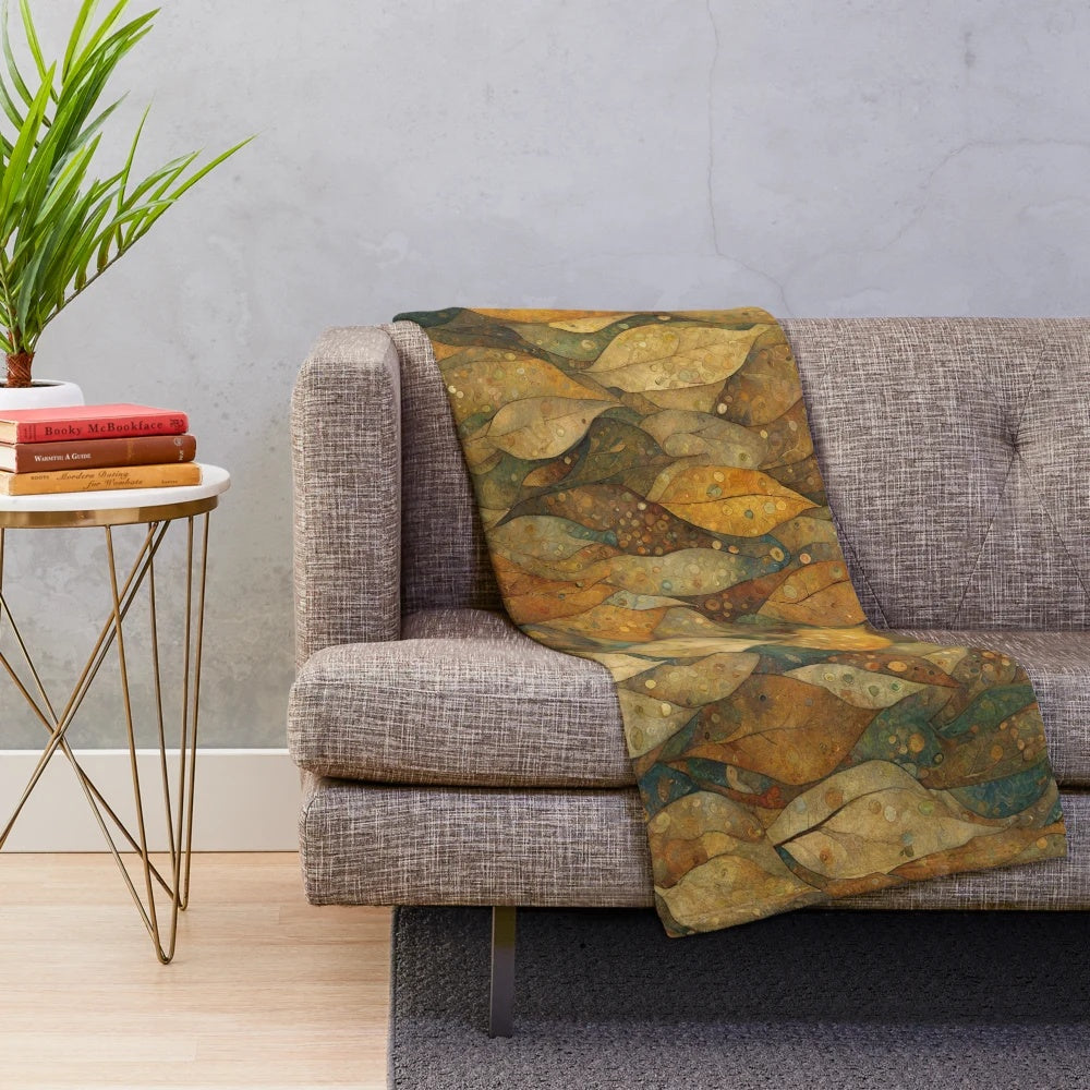 Detailed art nouveau style floral and leaf pattern on a plush blanket