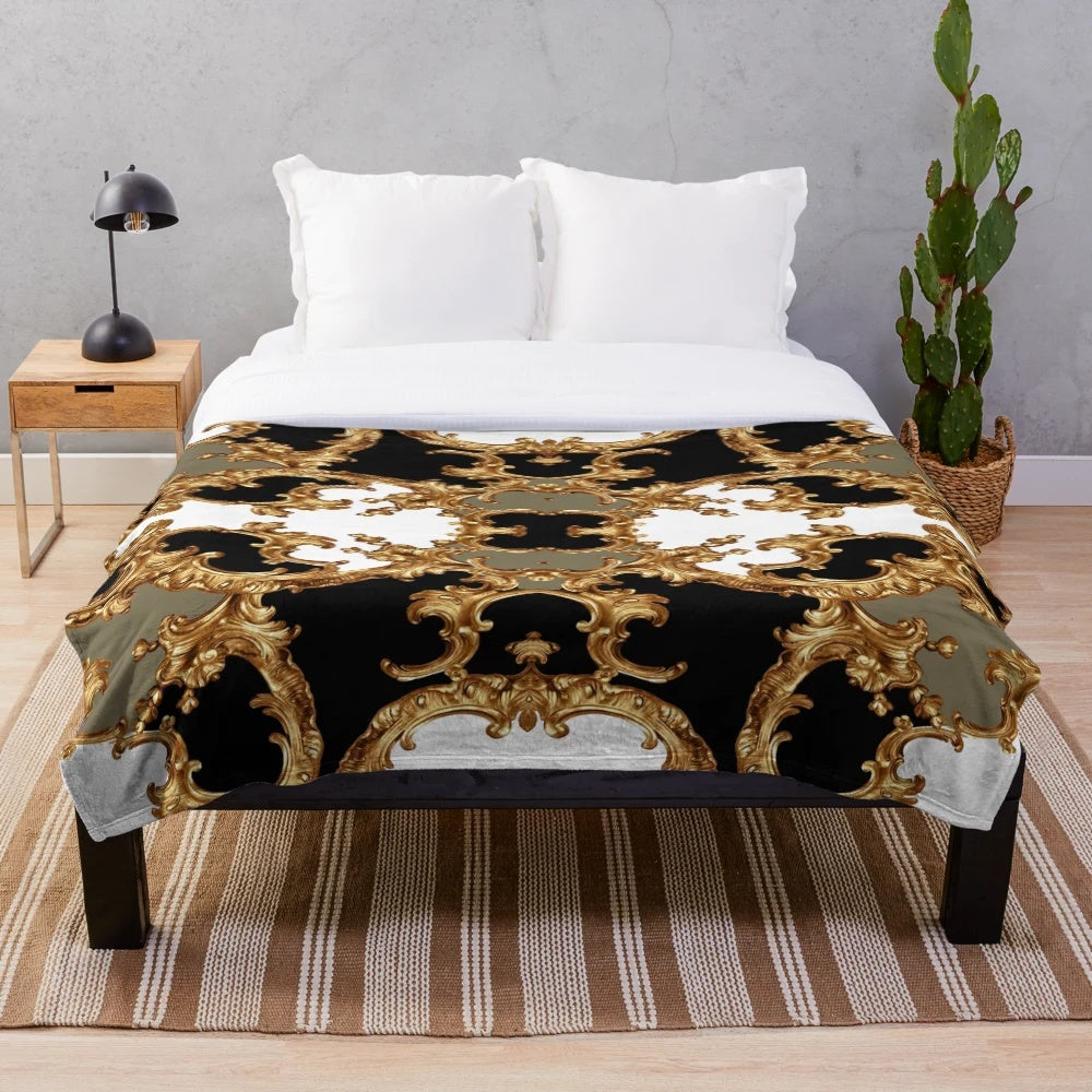 Elegant golden ornamental baroque-style plush blanket