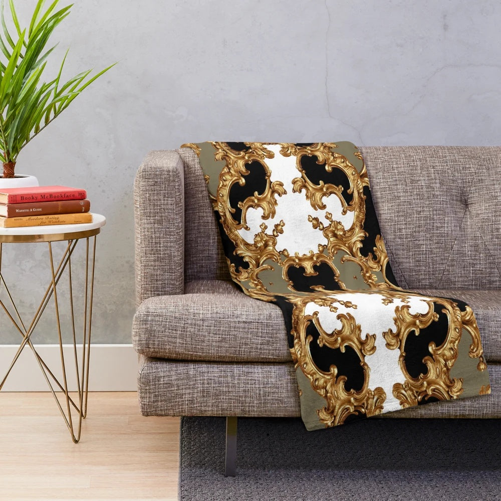 Elegant golden ornamental baroque-style plush blanket