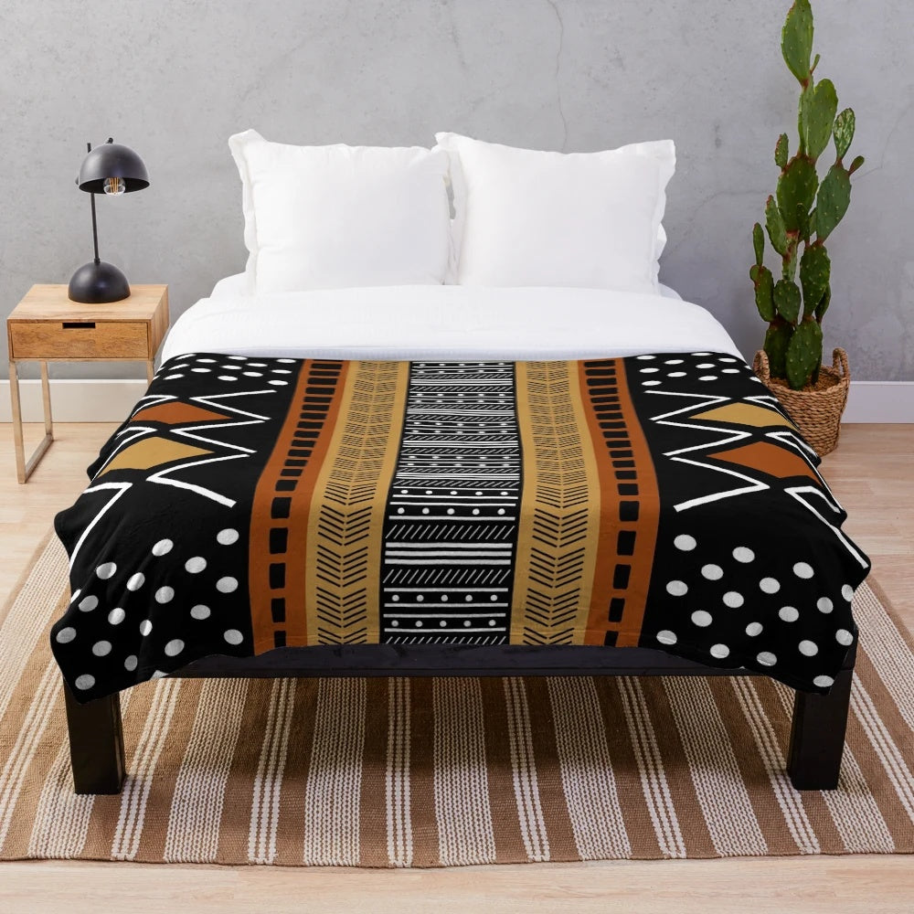 Black African mud cloth plush blanket with tribal design