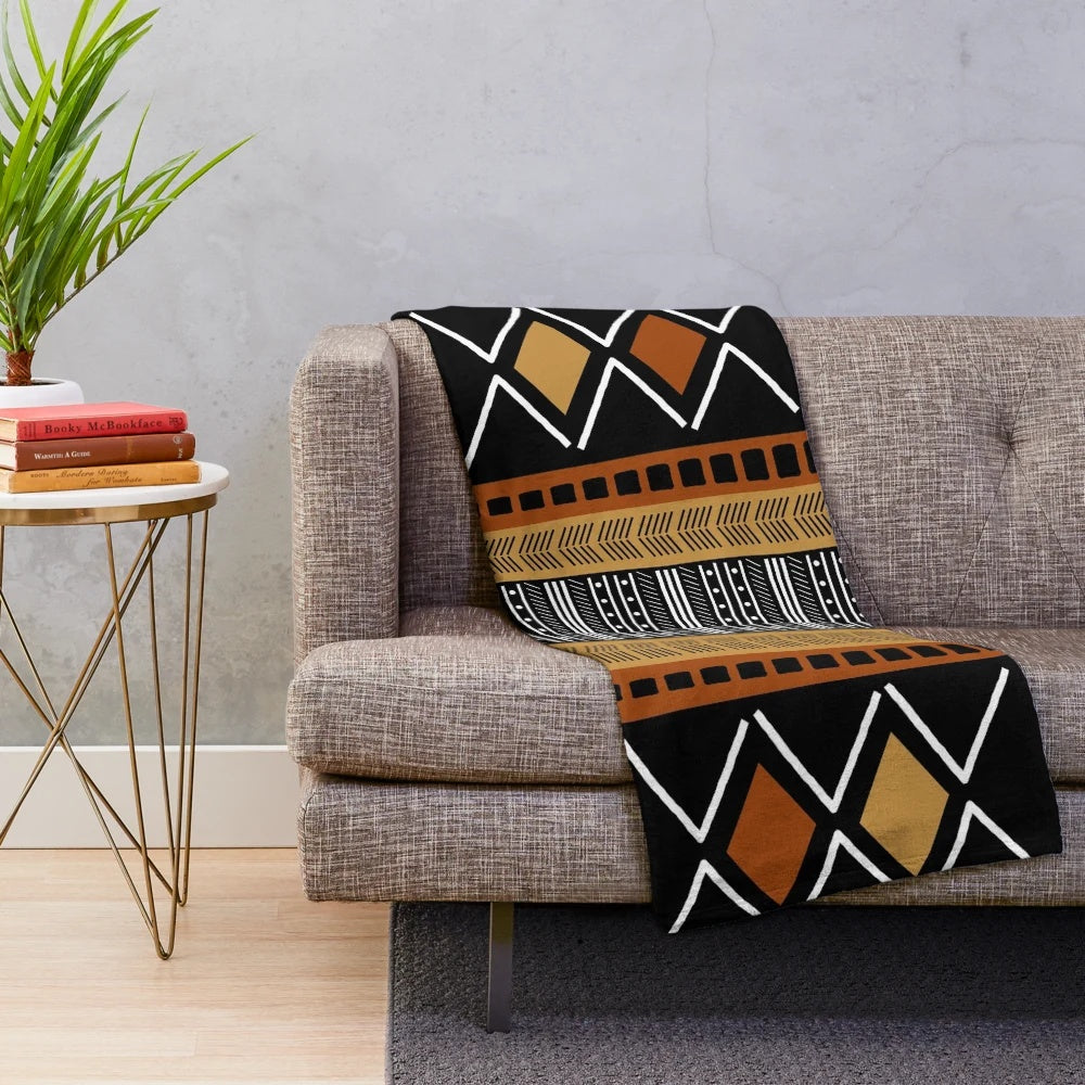 Black African mud cloth plush blanket with tribal design