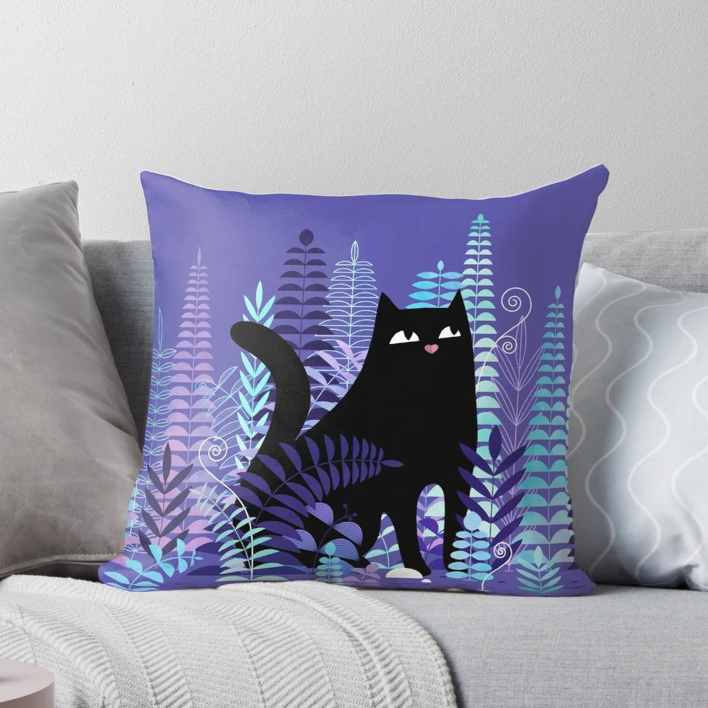 A lush, nature-inspired black cat ferns pillow for a cozy, stylish home.