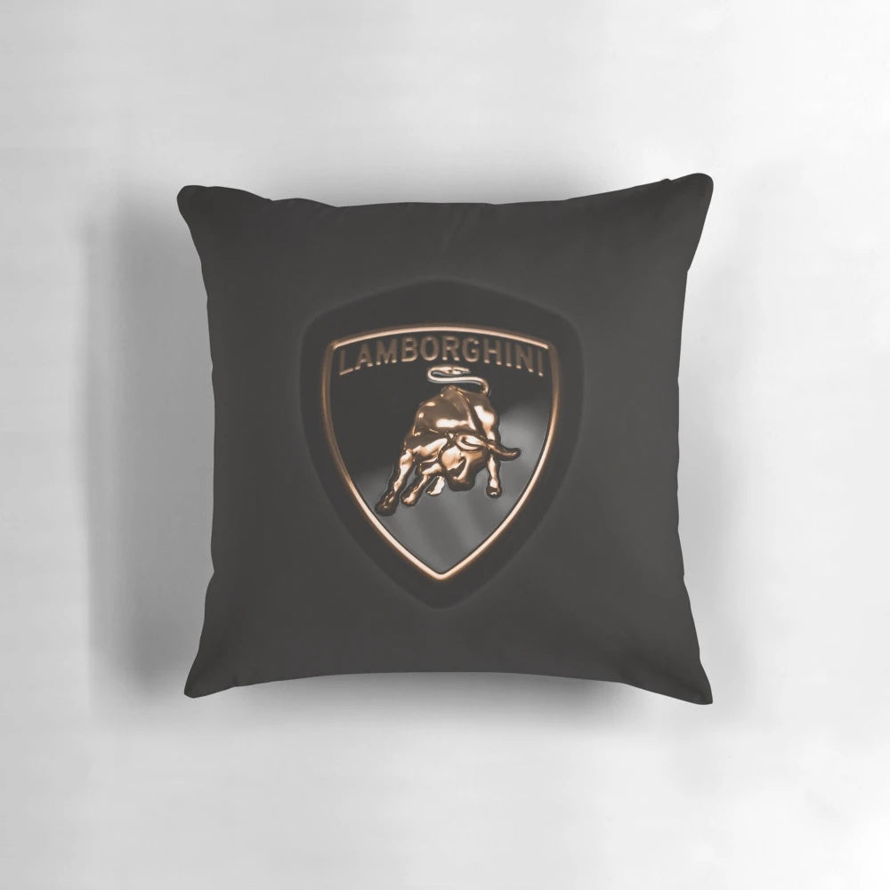 Black Lamborghini logo printed on a plush, high-quality pillow