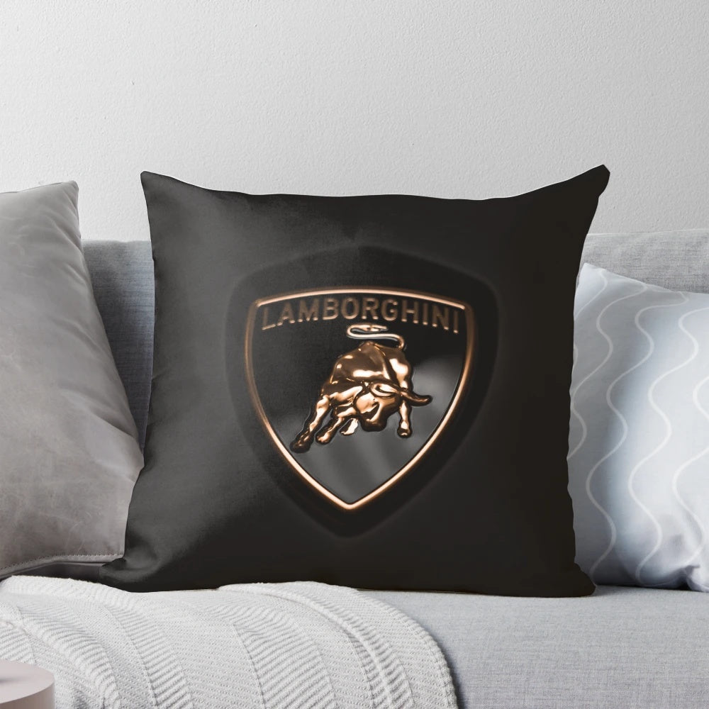 Black Lamborghini logo printed on a plush, high-quality pillow