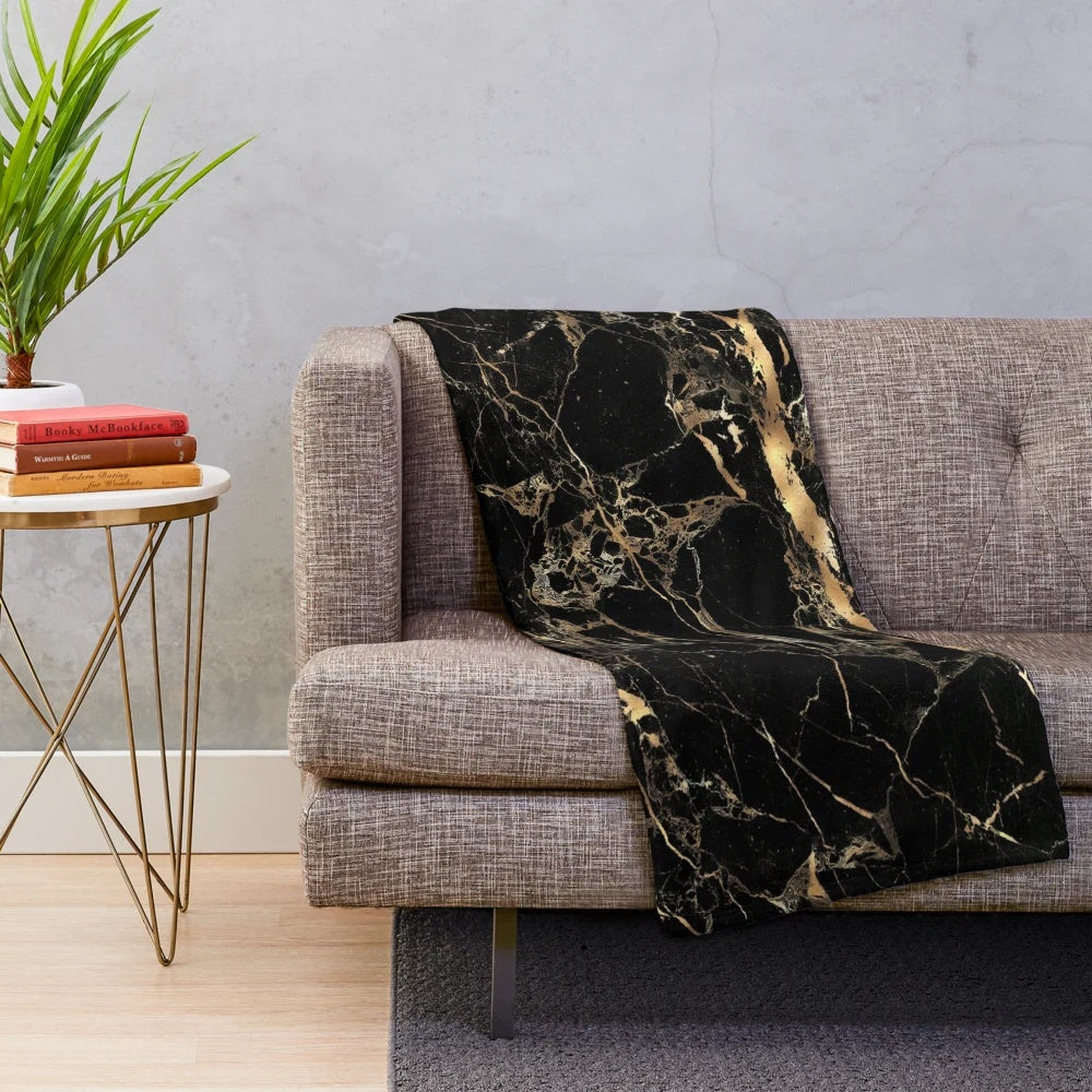Black marble plush blanket with gold veins for soft and cozy home decor