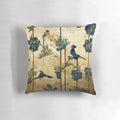 Decorative pillow featuring a beautiful blue and gold chinoiserie painting with birds and flowers