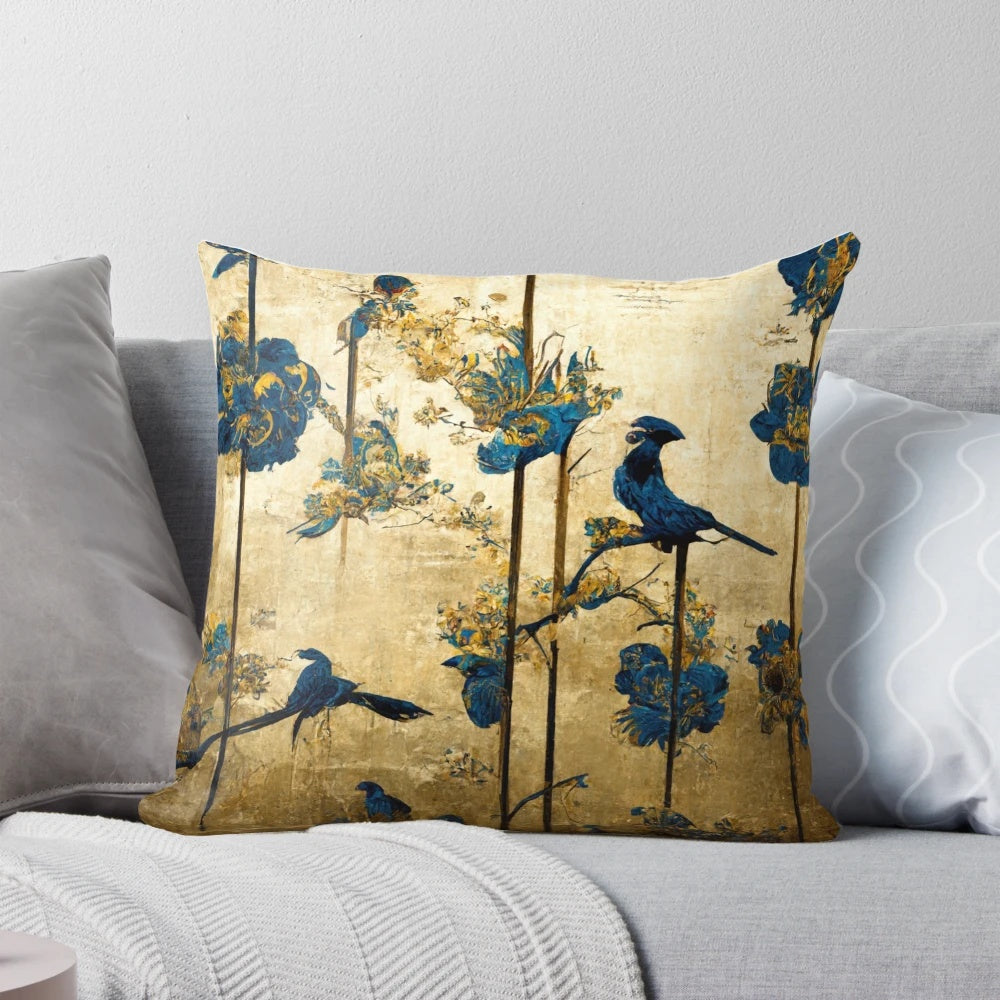 Decorative pillow featuring a beautiful blue and gold chinoiserie painting with birds and flowers