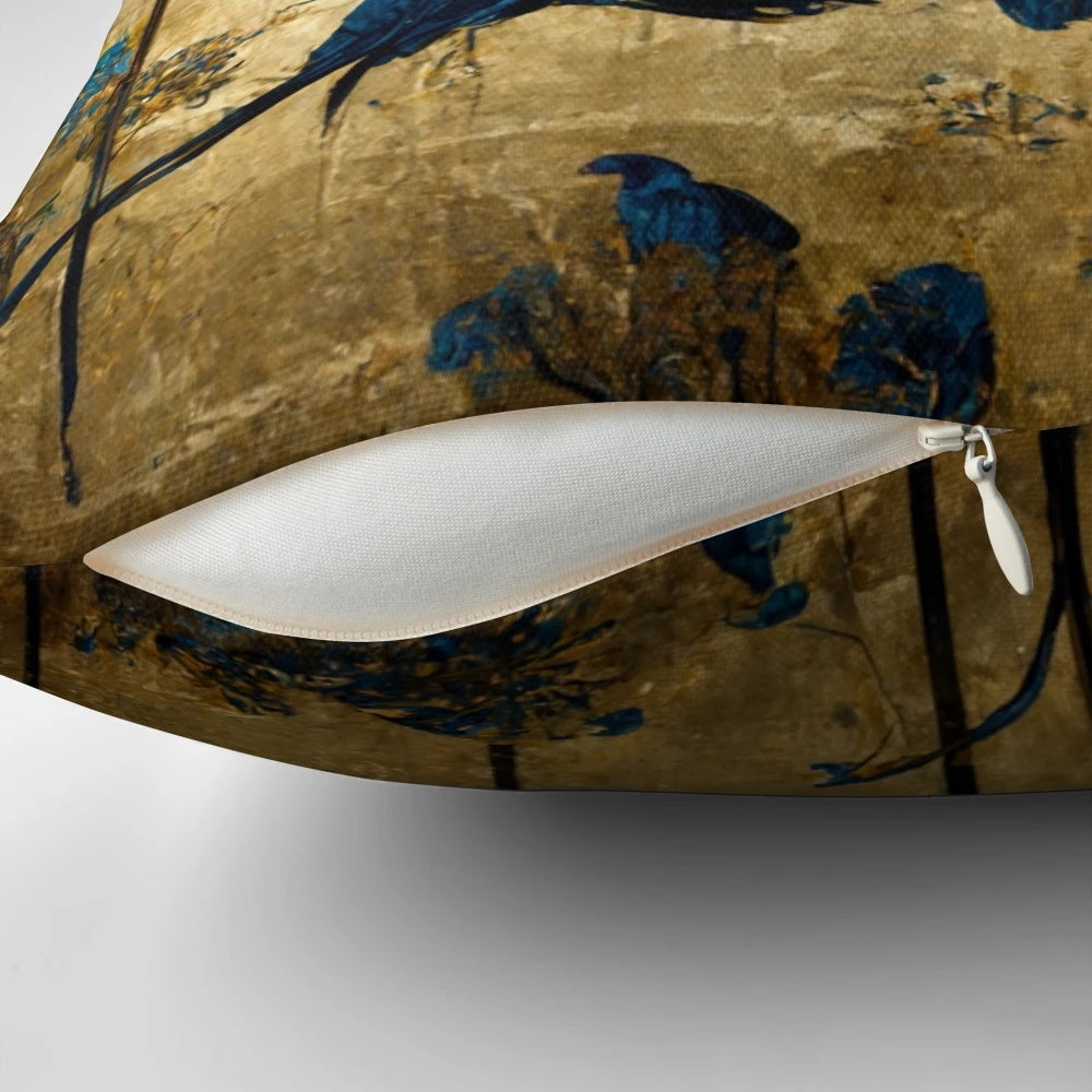 Decorative pillow featuring a beautiful blue and gold chinoiserie painting with birds and flowers