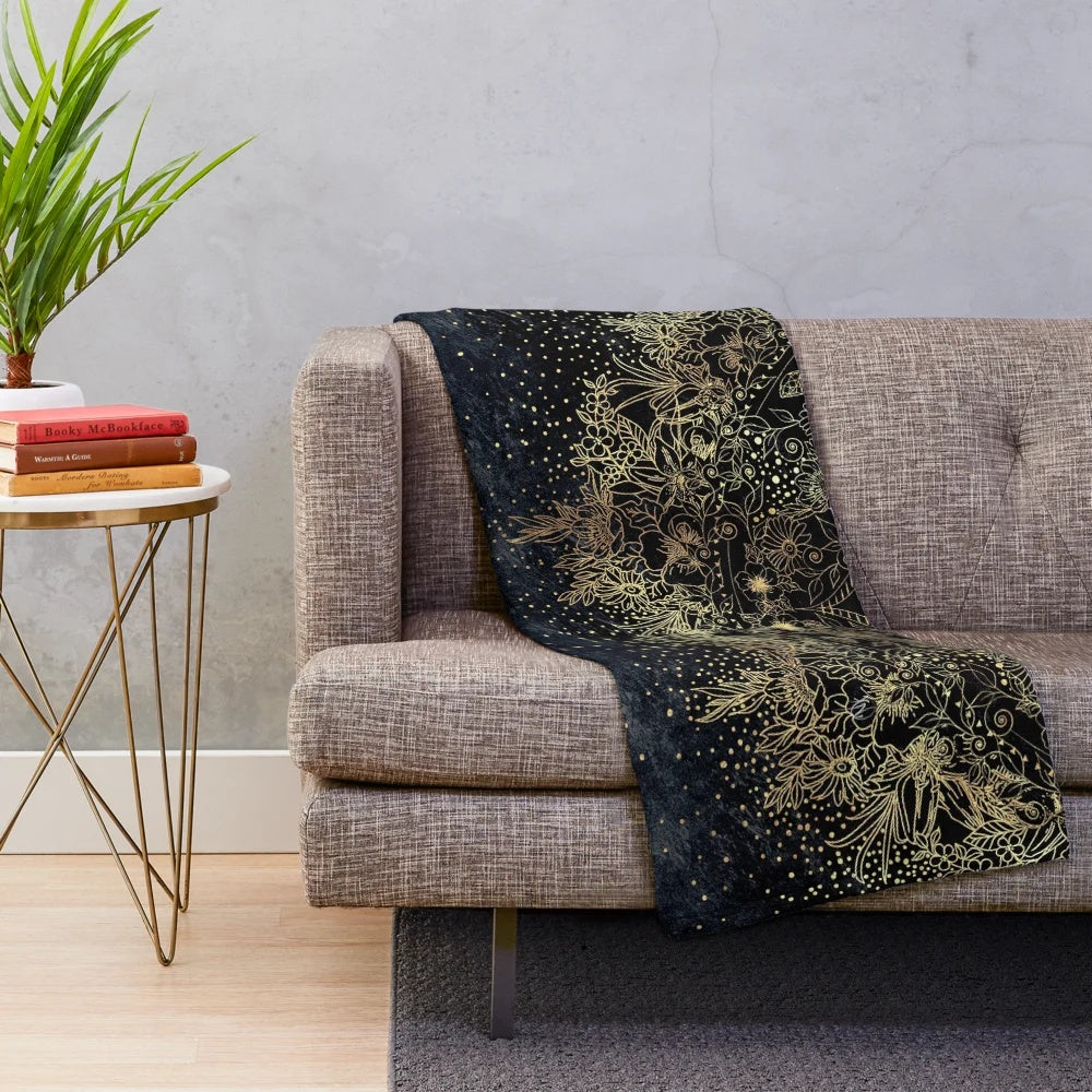 Blue and gold mandala floral plush blanket