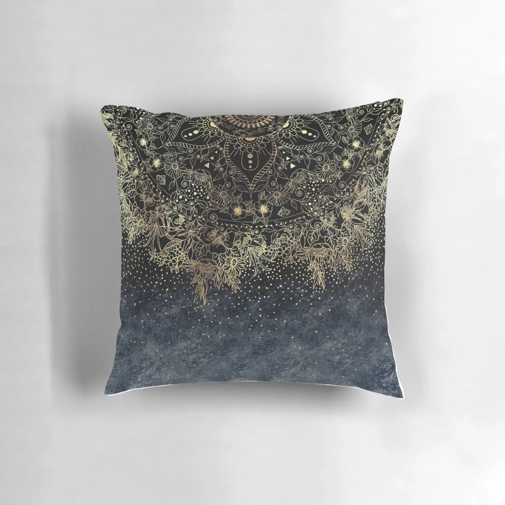 Blue and gold floral mandala pattern on a decorative throw pillow, ideal for meditation spaces and modern home interiors.