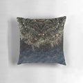 Blue and gold floral mandala pattern on a decorative throw pillow, ideal for meditation spaces and modern home interiors.
