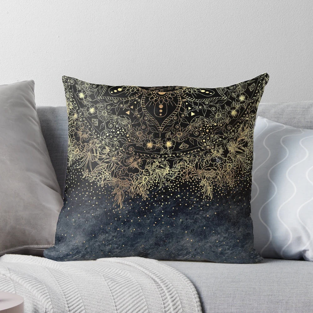 Blue and gold floral mandala pattern on a decorative throw pillow, ideal for meditation spaces and modern home interiors.