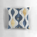 Decorative blue, gold, and white abstract patterned throw pillow