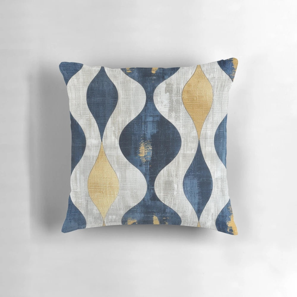 Decorative blue, gold, and white abstract patterned throw pillow