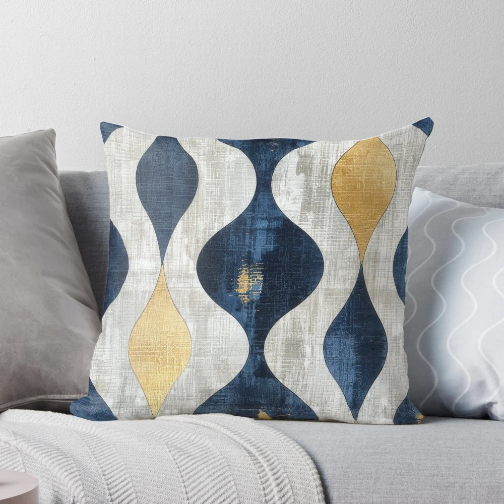 Decorative blue, gold, and white abstract patterned throw pillow