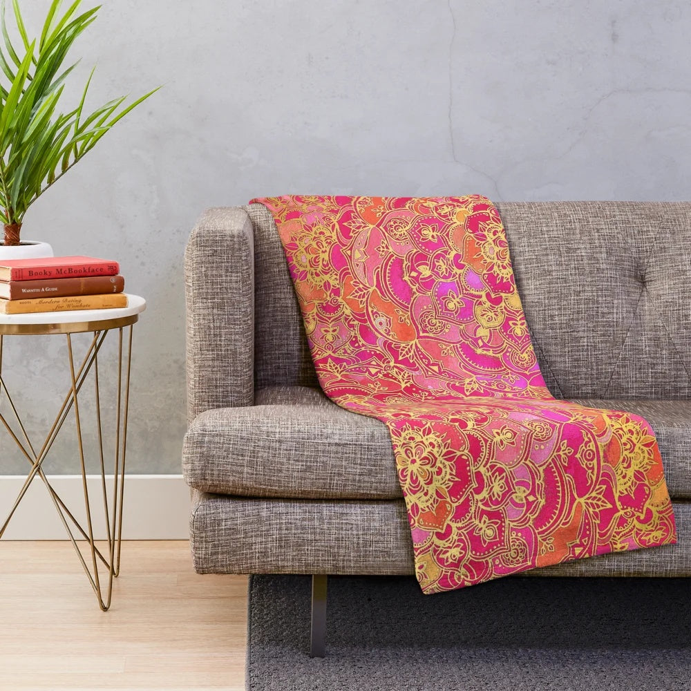 Plush bohemian-style blanket with a metallic floral pattern