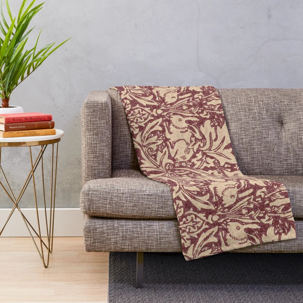 Burgundy and white Brer Rabbit patterned plush blanket inspired by the iconic British designer William Morris