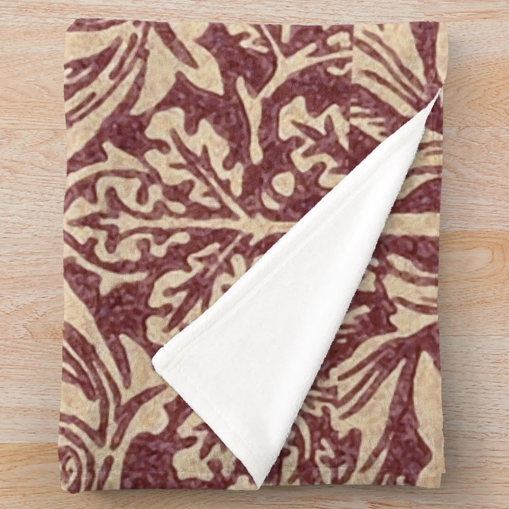 Burgundy and white Brer Rabbit patterned plush blanket inspired by the iconic British designer William Morris