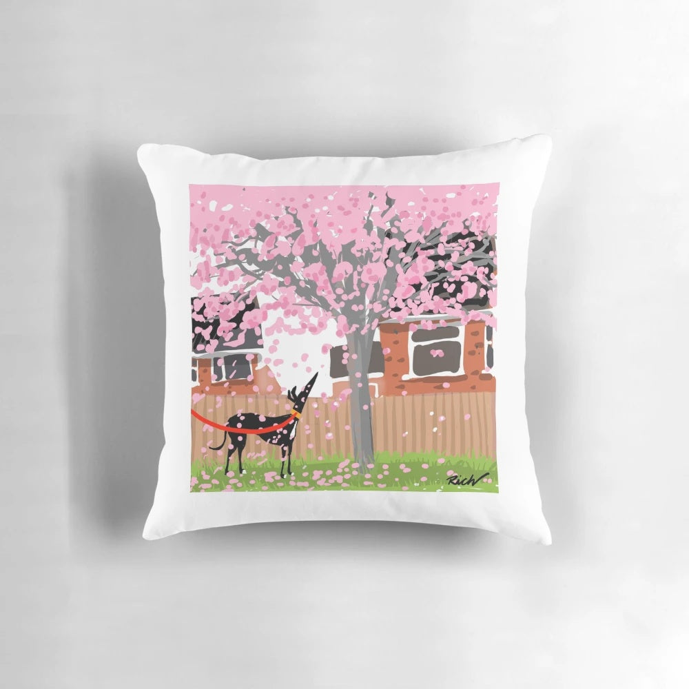 Soft, plush pillow featuring a cherry blossom design, perfect for greyhound owners